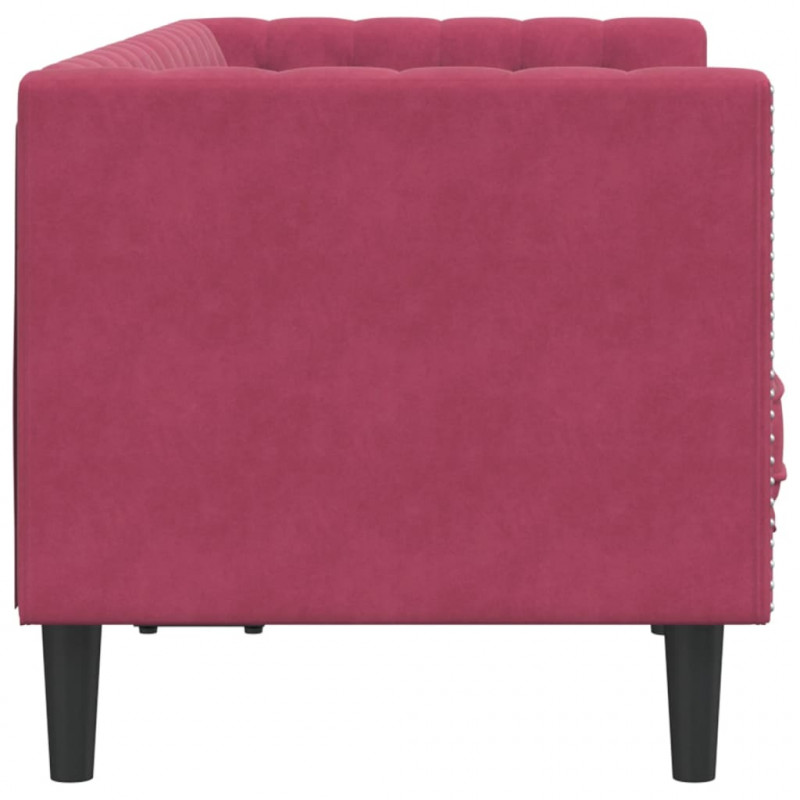Sofa Chesterfield z wałkami, dwuosobowa, bordowa, aksamit