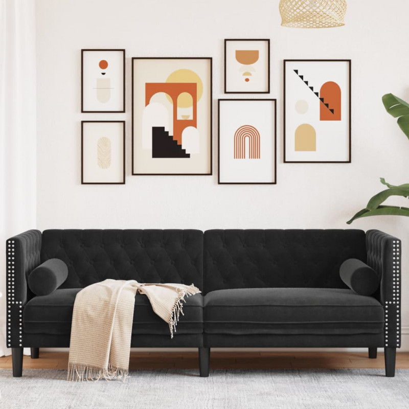 Sofa Chesterfield z wałkami, trzyosobowa, czarna, aksamit
