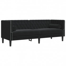 Sofa Chesterfield z wałkami, trzyosobowa, czarna, aksamit