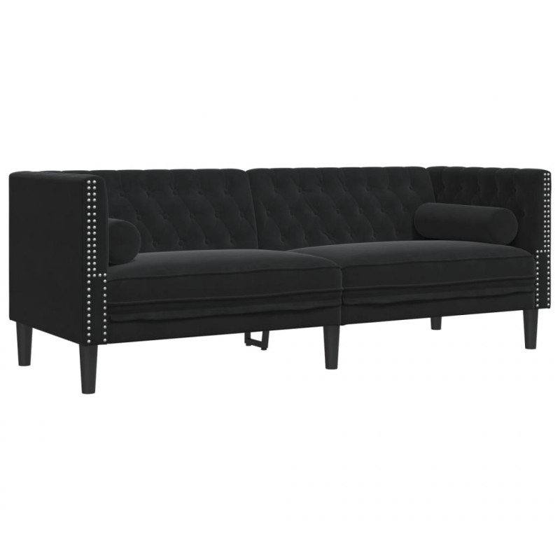 Sofa Chesterfield z wałkami, trzyosobowa, czarna, aksamit