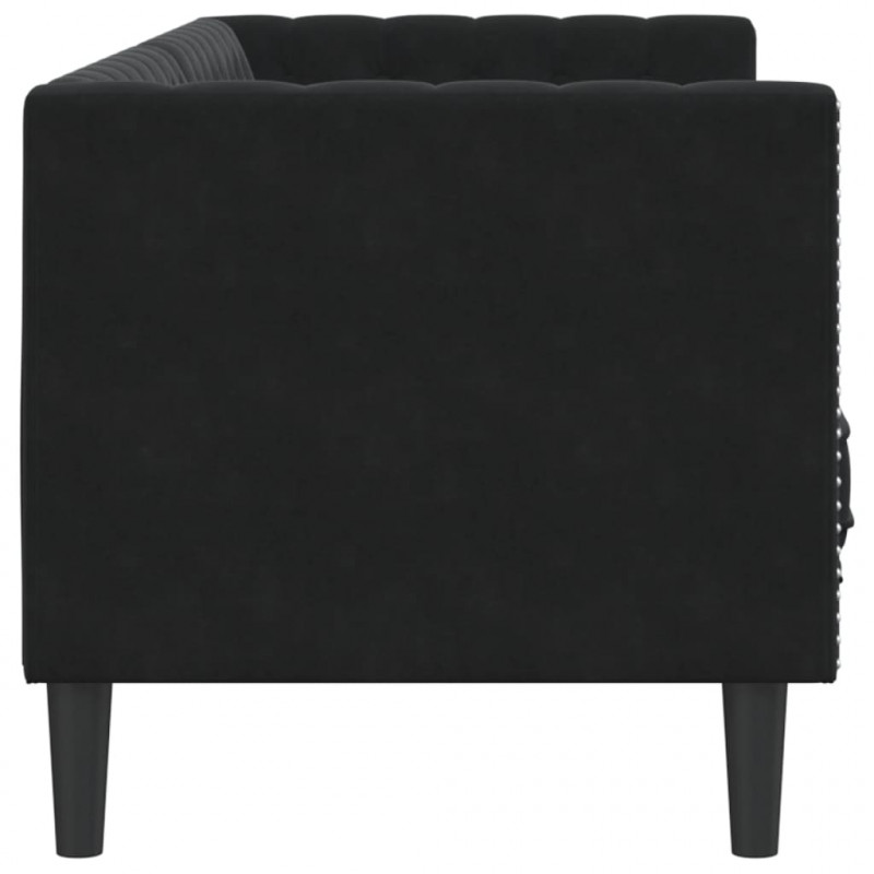 Sofa Chesterfield z wałkami, trzyosobowa, czarna, aksamit