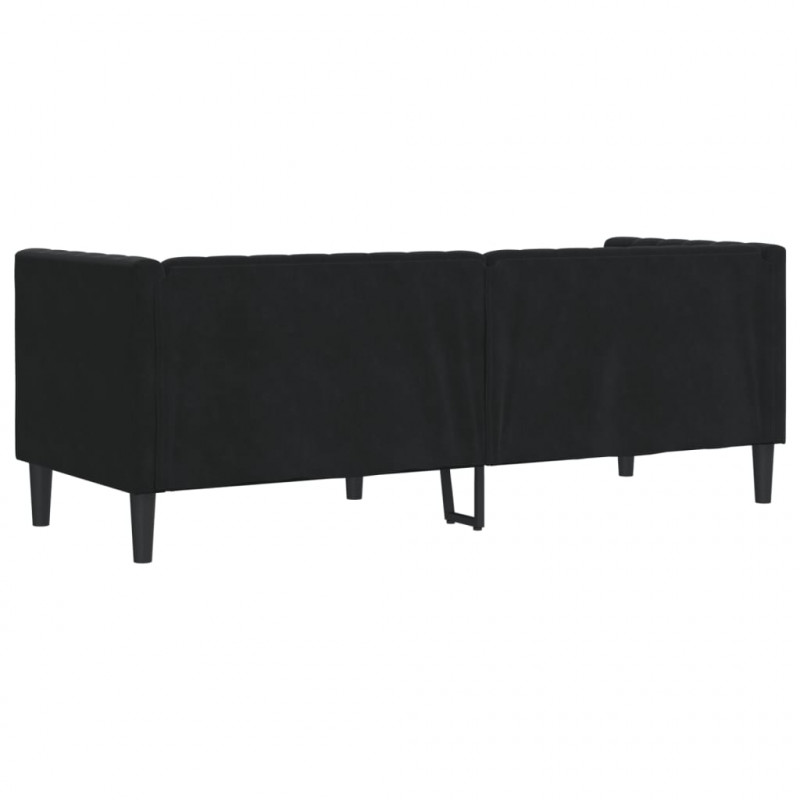 Sofa Chesterfield z wałkami, trzyosobowa, czarna, aksamit