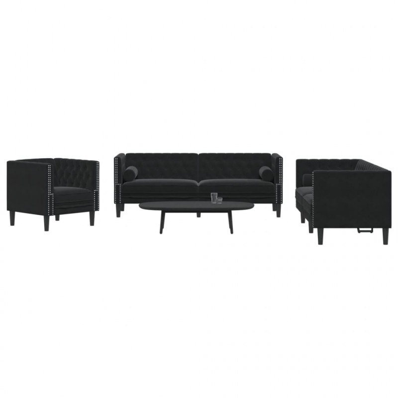 3-cz. wypoczynek Chesterfield z wałkami, czarny, aksamit