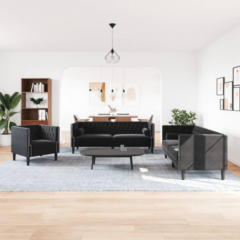 3-cz. wypoczynek Chesterfield z wałkami, czarny, aksamit