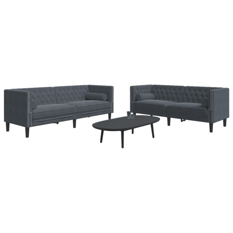 2-cz. wypoczynek Chesterfield z wałkami, ciemnoszary, aksamit