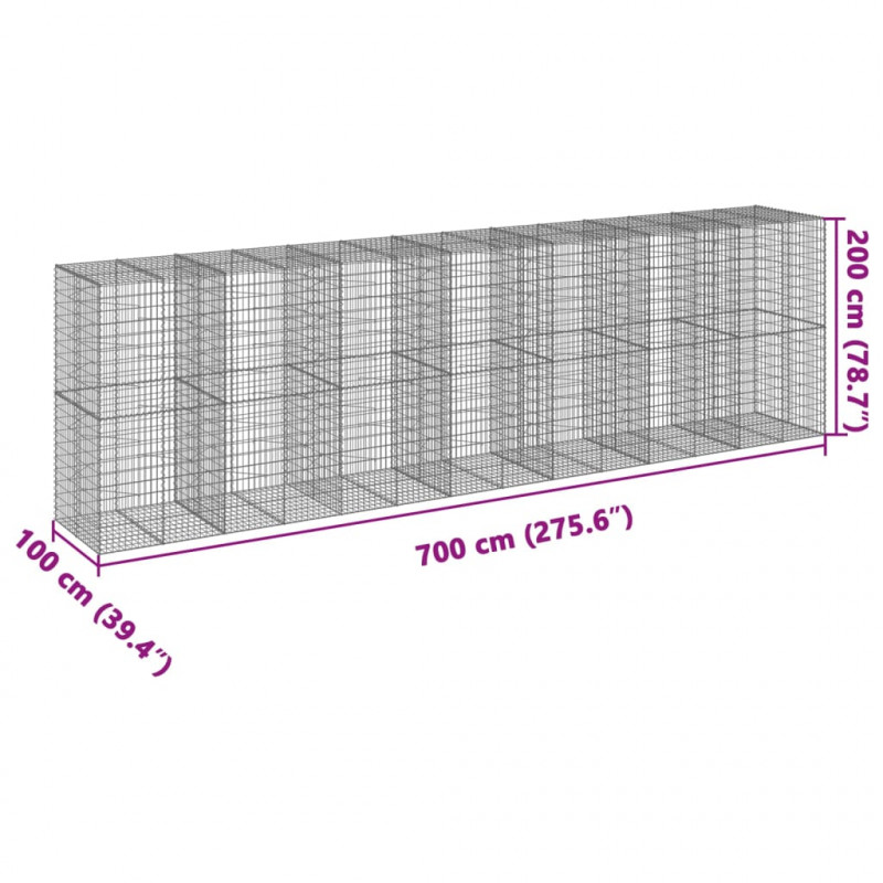 Kosz gabionowy z pokrywą, 700x100x200 cm, galwanizowane żelazo