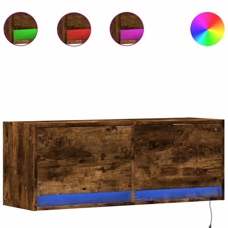 Ścienna szafka TV z LED, przydymiony dąb, 100x31x35 cm