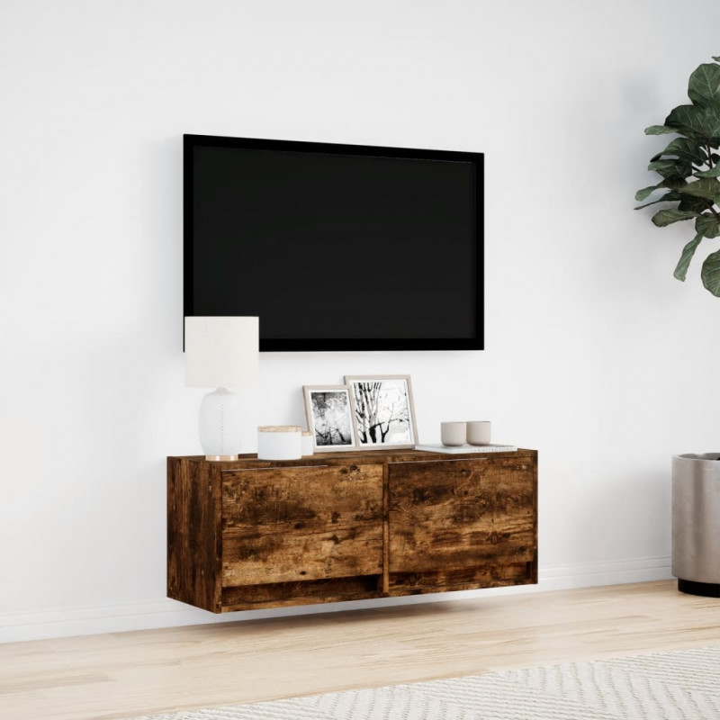 Ścienna szafka TV z LED, przydymiony dąb, 100x31x35 cm