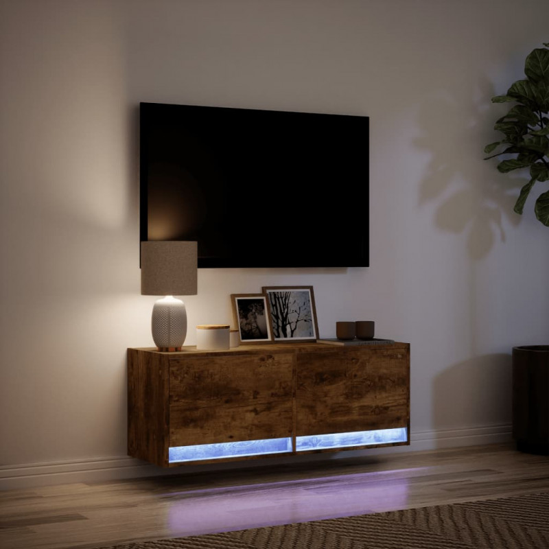 Ścienna szafka TV z LED, przydymiony dąb, 100x31x35 cm
