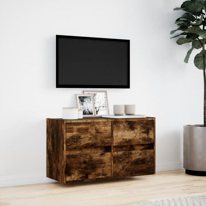 Ścienna szafka TV z LED, przydymiony dąb, 80x31x45 cm