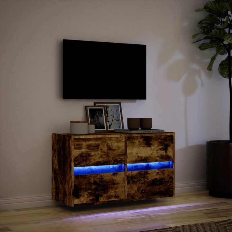 Ścienna szafka TV z LED, przydymiony dąb, 80x31x45 cm