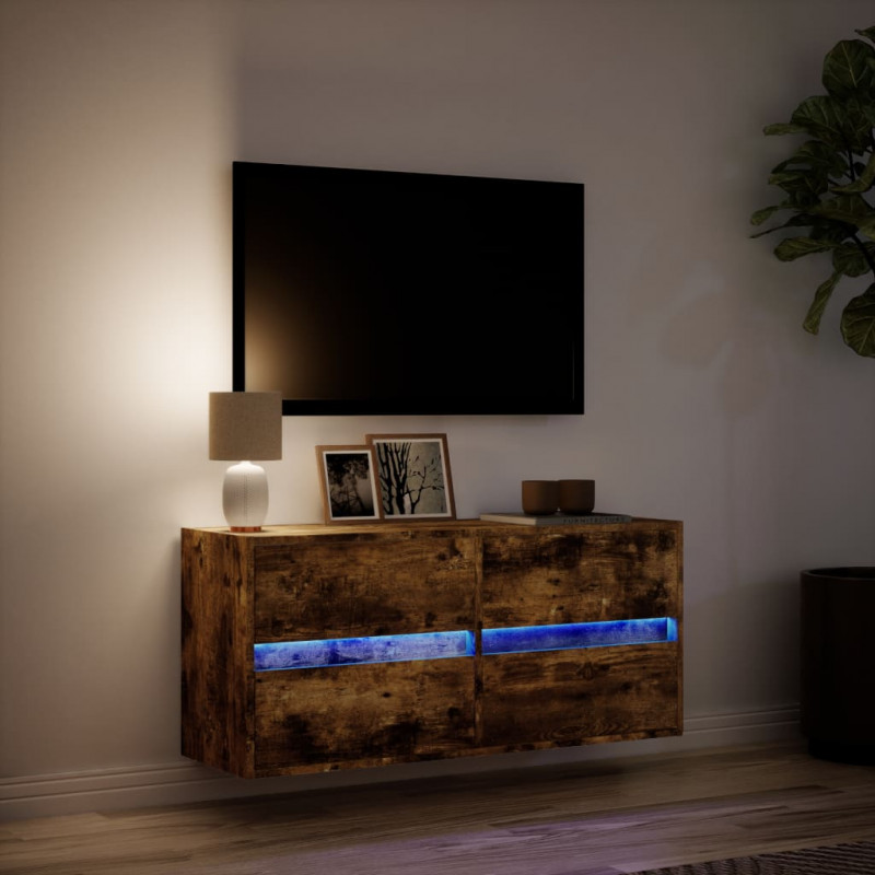 Ścienna szafka TV z LED, przydymiony dąb, 100x31x45 cm