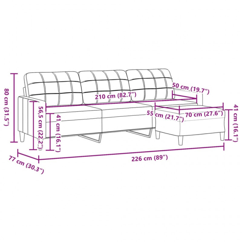 3-osobowa sofa z podnóżkiem, jasnoszary, 210 cm, tkaniną