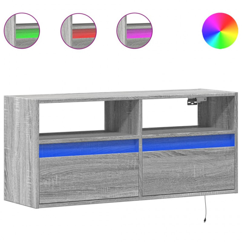 Ścienna szafka TV z LED, szary dąb sonoma, 100x31x45 cm