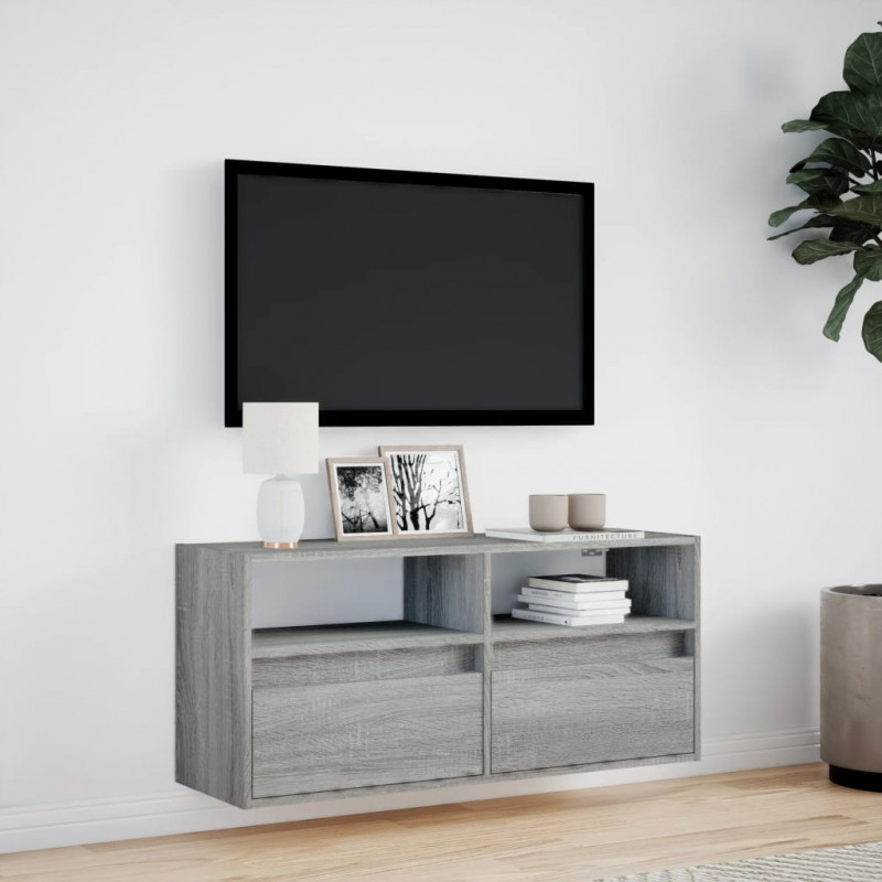 Ścienna szafka TV z LED, szary dąb sonoma, 100x31x45 cm