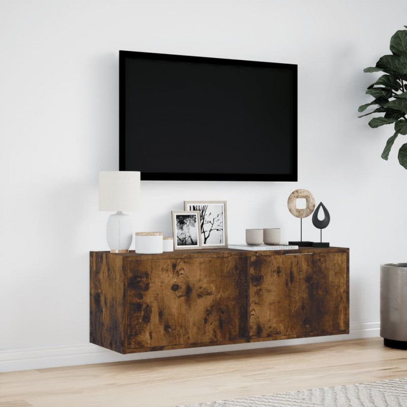 Ścienna szafka TV z LED, przydymiony dąb, 100x31x35 cm