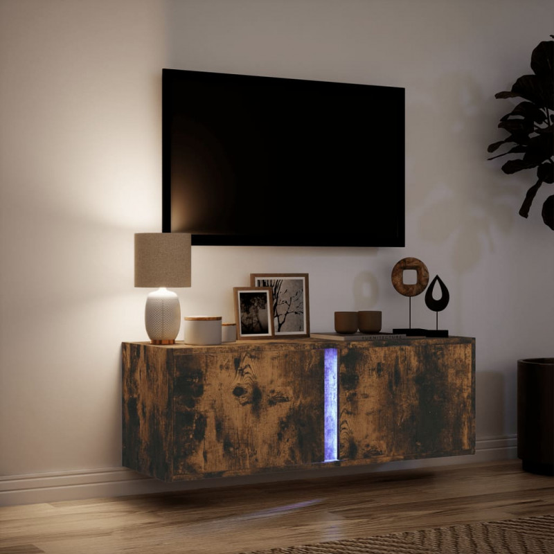Ścienna szafka TV z LED, przydymiony dąb, 100x31x35 cm