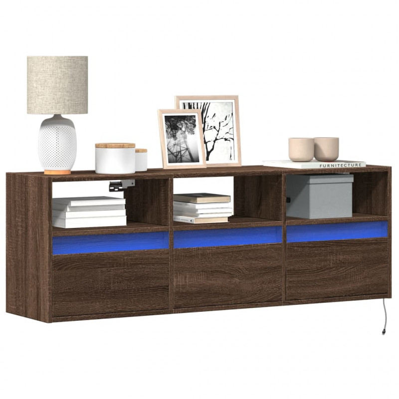 Ścienna szafka TV z LED, brązowy dąb, 130x31x45 cm