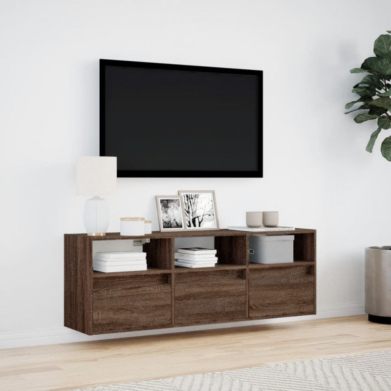 Ścienna szafka TV z LED, brązowy dąb, 130x31x45 cm