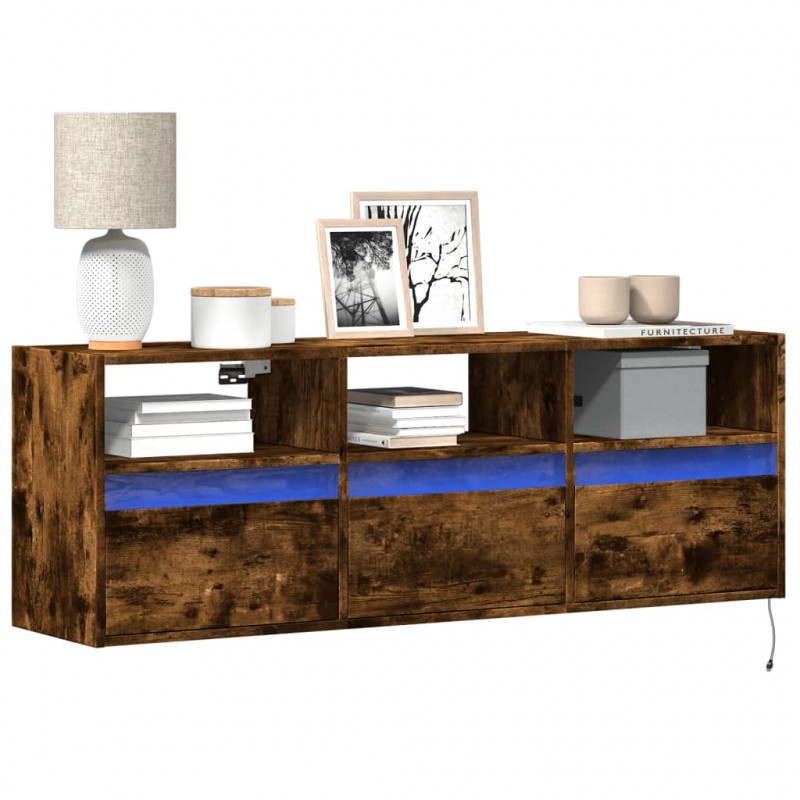 Ścienna szafka TV z LED, przydymiony dąb, 130x31x45 cm