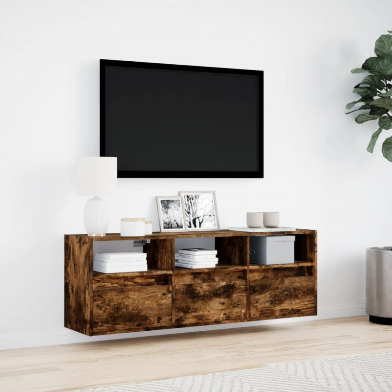 Ścienna szafka TV z LED, przydymiony dąb, 130x31x45 cm
