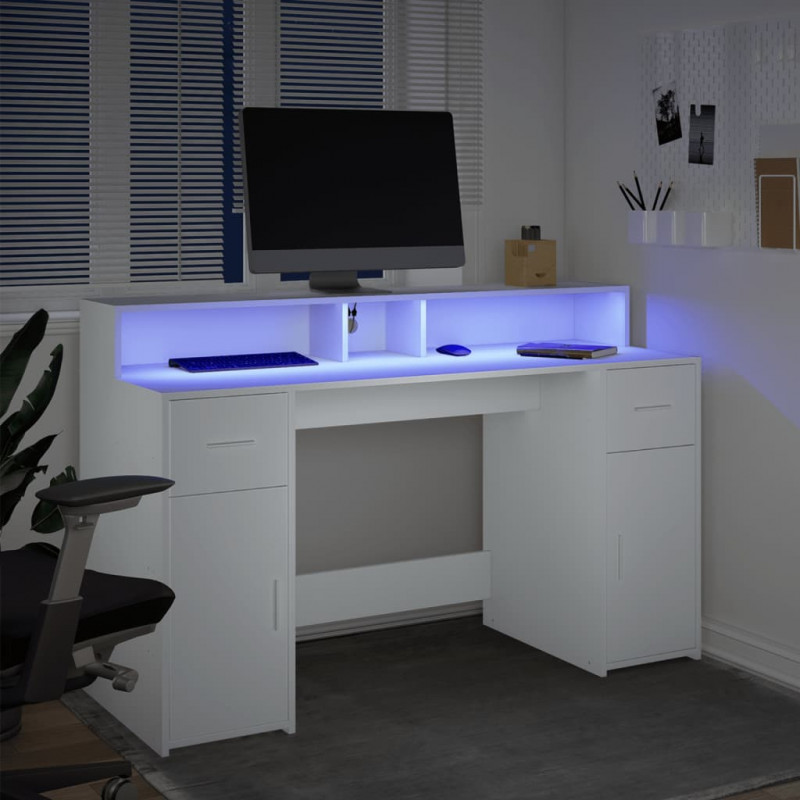 Biurko z podświetleniem LED, białe, 140x55x91 cm