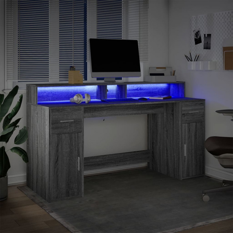 Biurko z podświetleniem LED, szary dąb sonoma, 160x55x91 cm