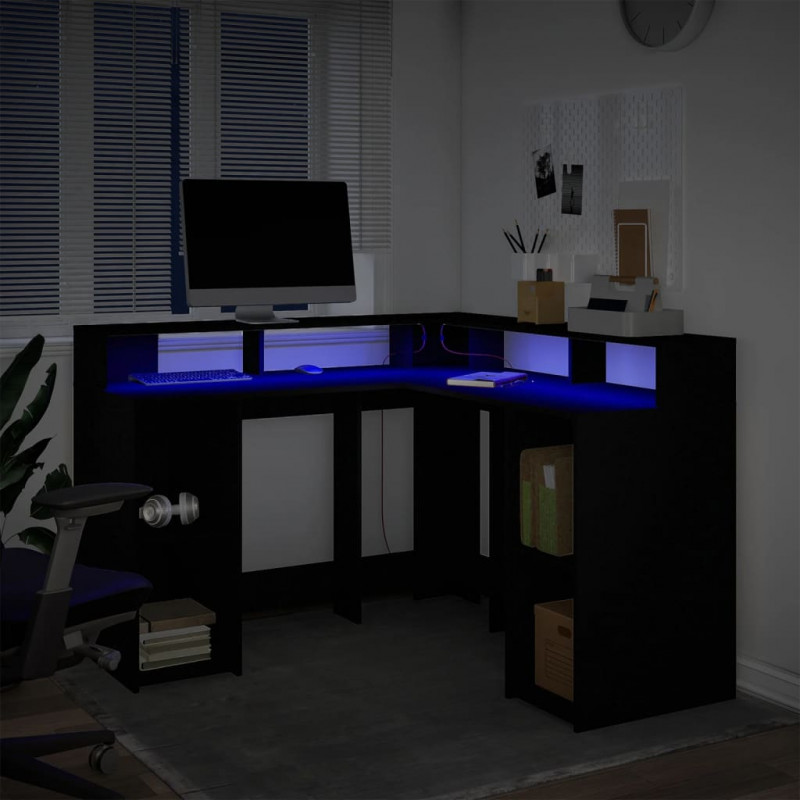 Biurko z podświetleniem LED, czarne, 130x130x91 cm