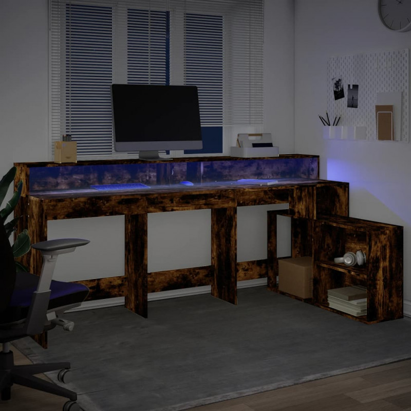 Biurko z podświetleniem LED, przydymiony dąb, 200x104x91 cm