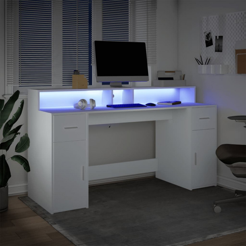 Biurko z podświetleniem LED, białe, 160x55x91 cm