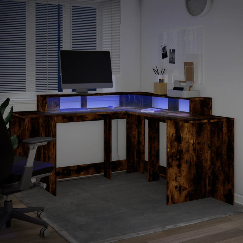 Biurko z podświetleniem LED, przydymiony dąb, 152x152x91 cm