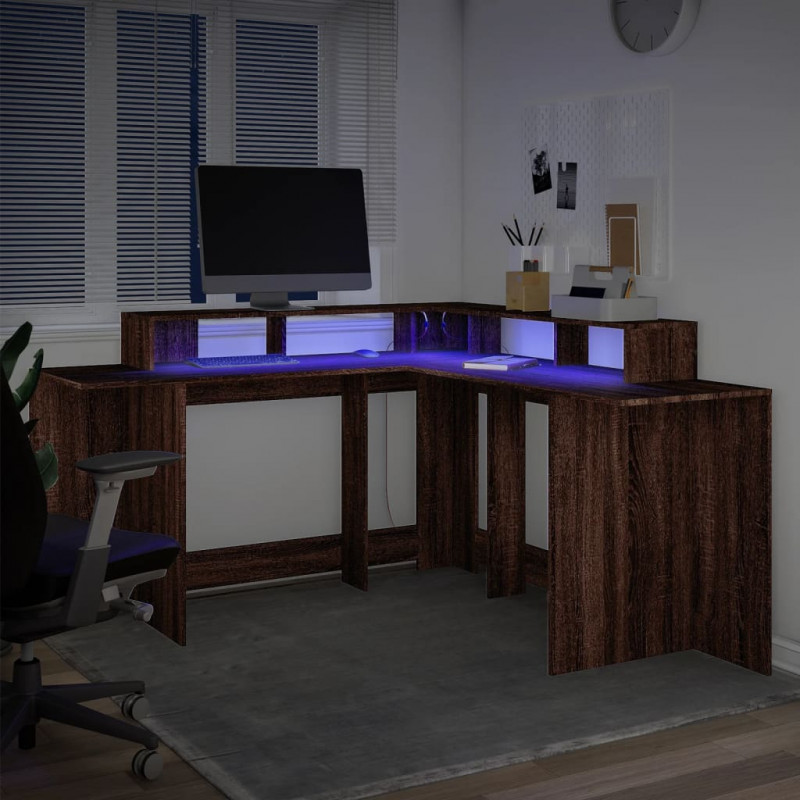 Biurko z podświetleniem LED, brązowy dąb, 152x152x91 cm