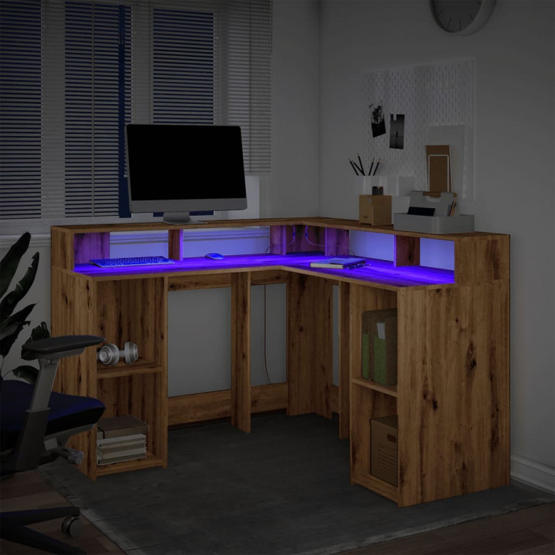 Biurko z podświetleniem LED, dąb artisian, 130x130x91 cm