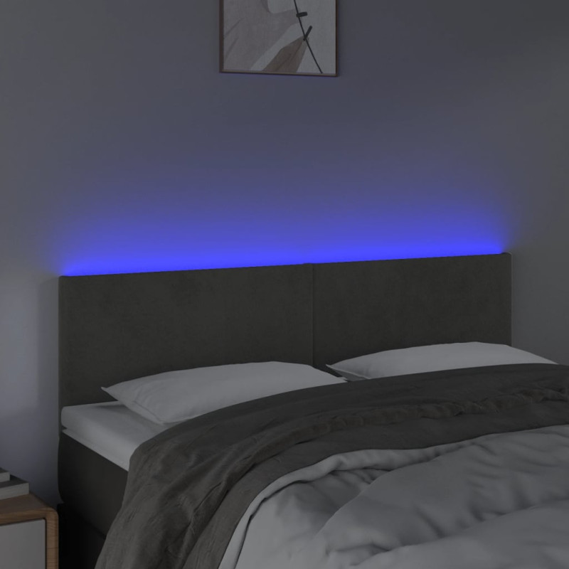 Zagłówek do łóżka z LED, ciemnoszary, 144x5x78/88 cm, aksamit