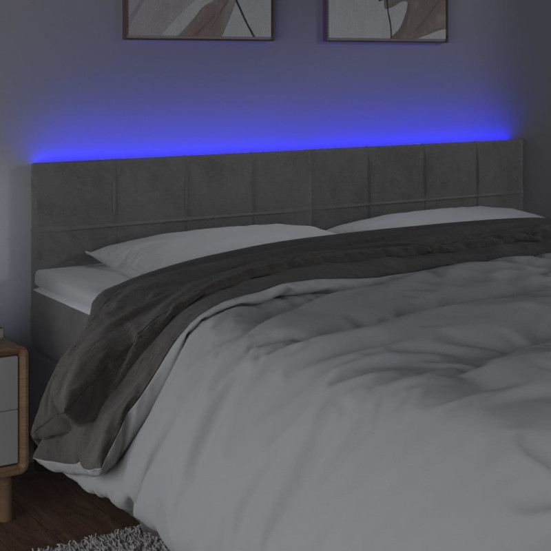 Zagłówek do łóżka z LED, jasnoszary, 200x5x78/88 cm, aksamit