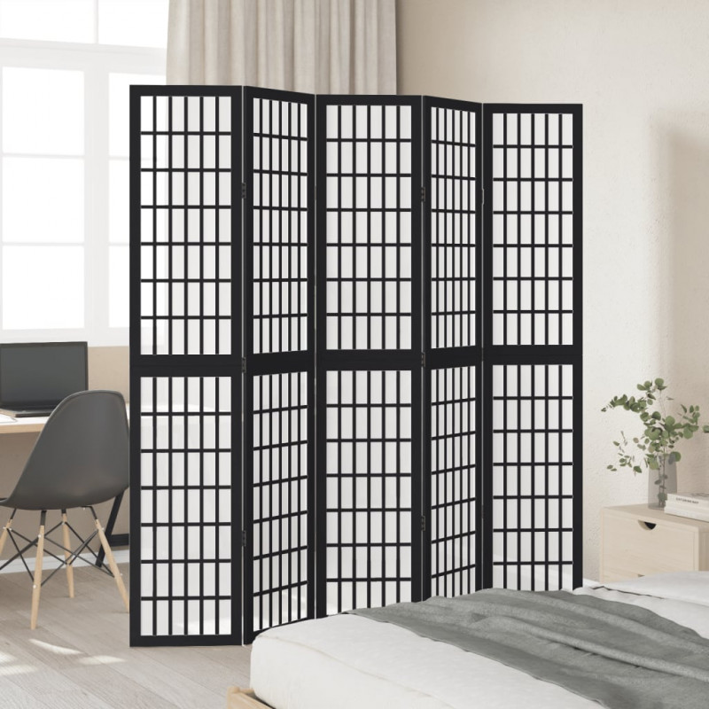Parawan pokojowy, 5-panelowy, czarny, lite drewno paulowni