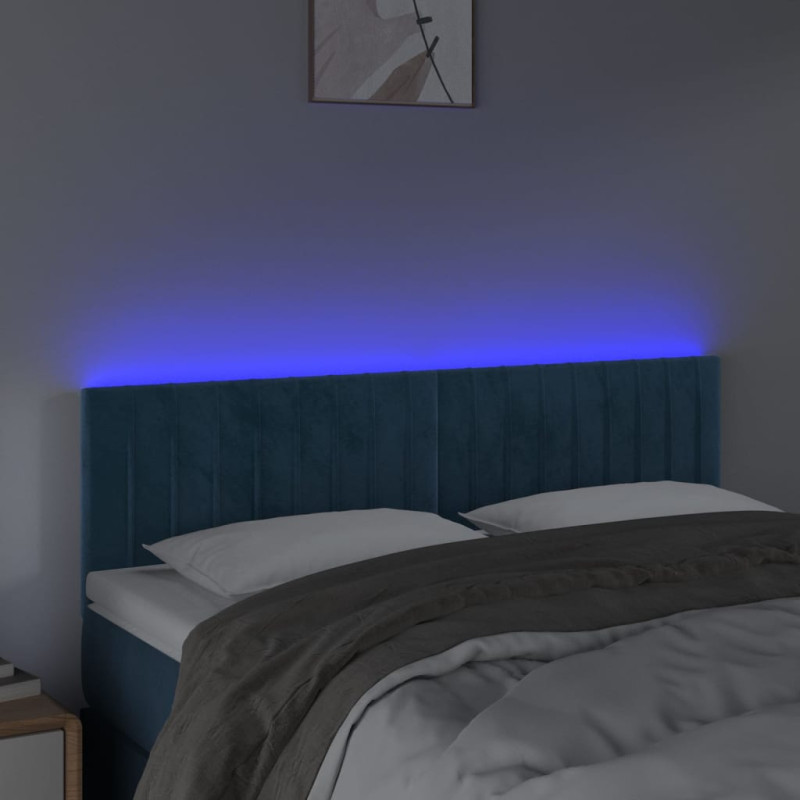 Zagłówek do łóżka z LED, ciemnoniebieski 144x5x78/88cm, aksamit