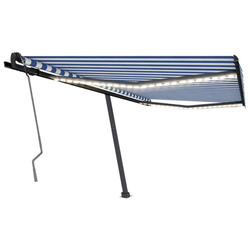Ręcznie zwijana markiza z LED, 400 x 350 cm, niebiesko-biała
