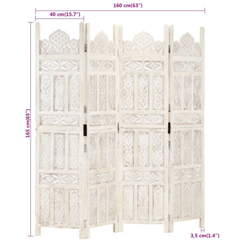 Parawan 4-panelowy, rzeźbiony, biały, 160x165 cm, drewno mango