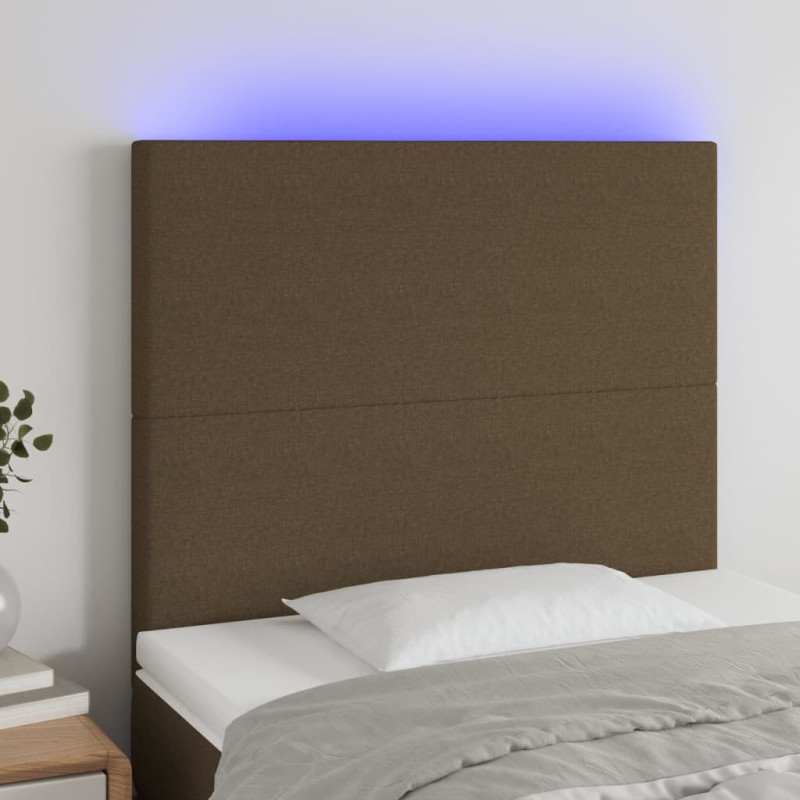 Zagłówek do łóżka z LED ciemnobrązowy, 90x5x118/128 cm tkanina
