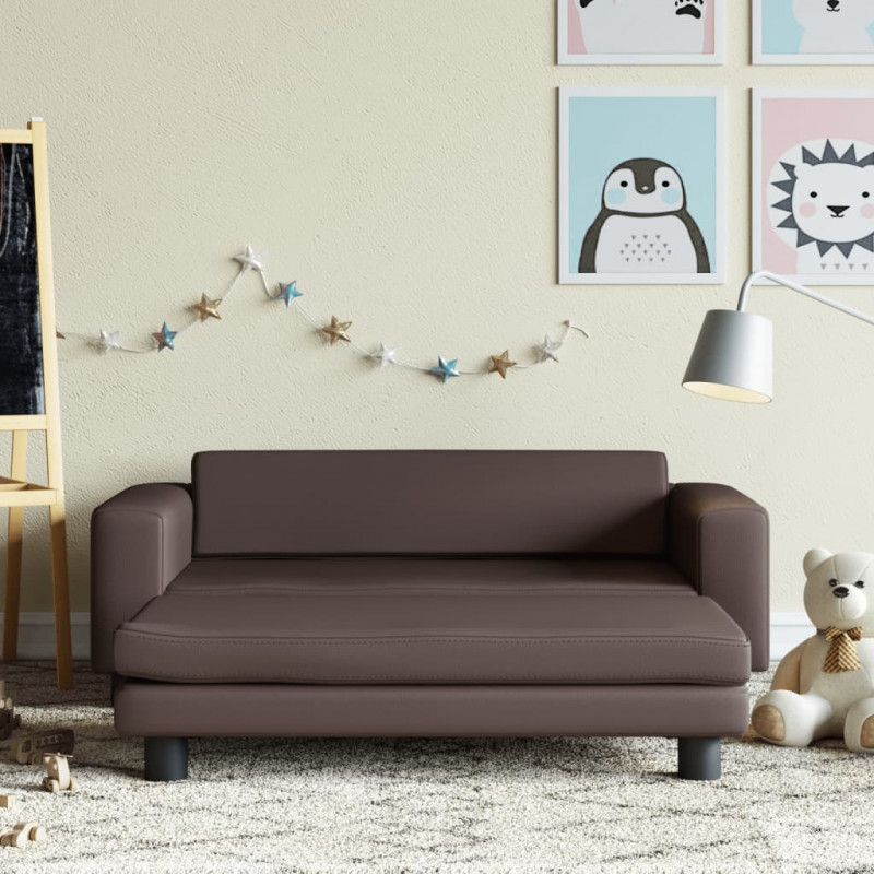 Sofa dziecięca z podnóżkiem, brązowa, 100x50x30 cm, ekoskóra