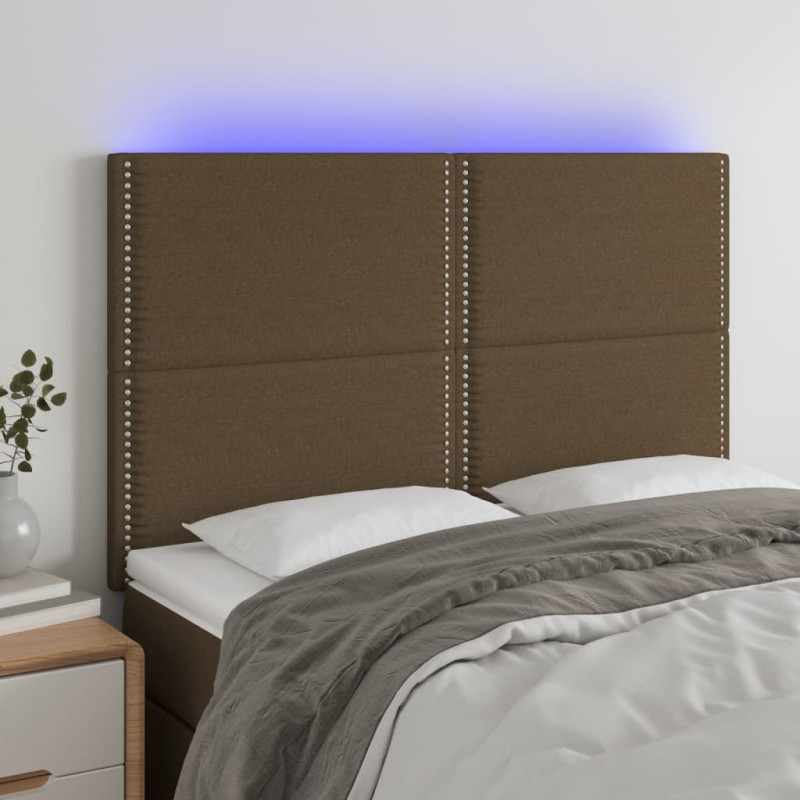 Zagłówek do łóżka z LED ciemnobrązowy 144x5x118/128 cm tkanina