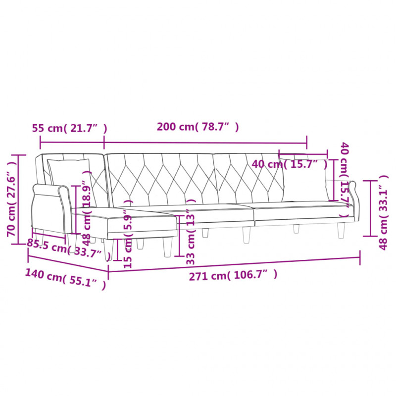 Sofa rozkładana L, jasnoszara, 271x140x70 cm, aksamit