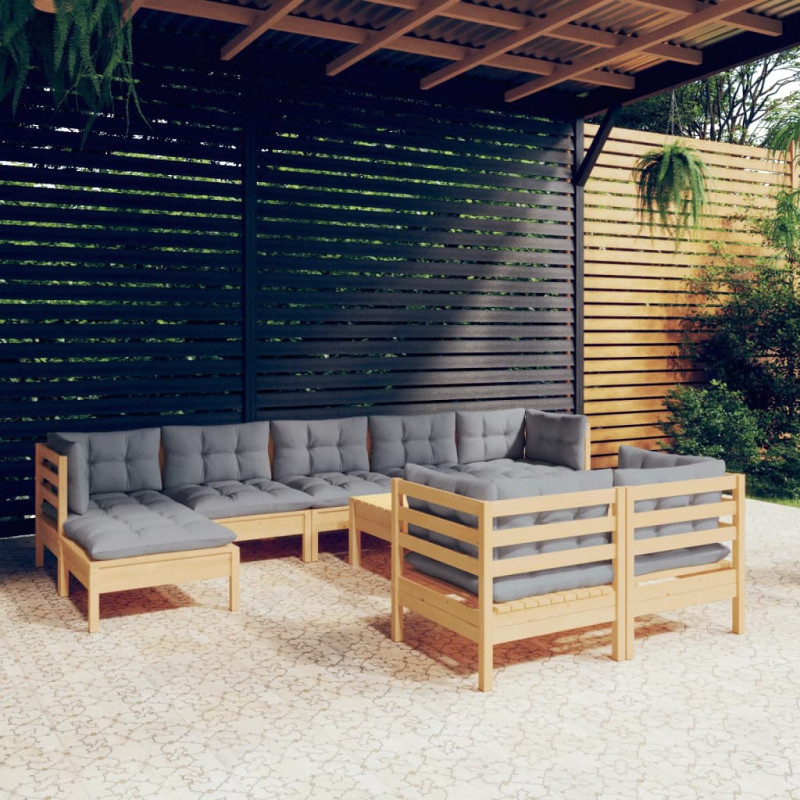 10-cz. zestaw wypoczynkowy do ogrodu, szare poduszki, sosnowy