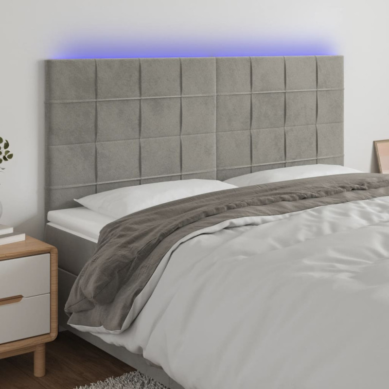 Zagłówek do łóżka z LED, jasnoszary, 160x5x118/128 cm, aksamit