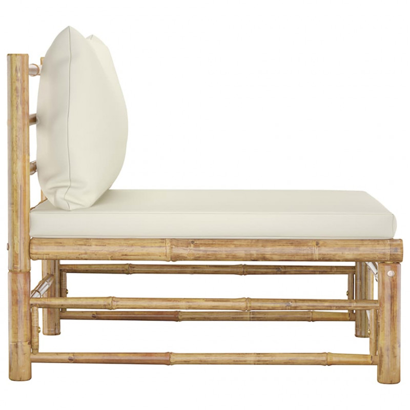 Ogrodowa sofa środkowa, śmietankowe poduszki, bambus
