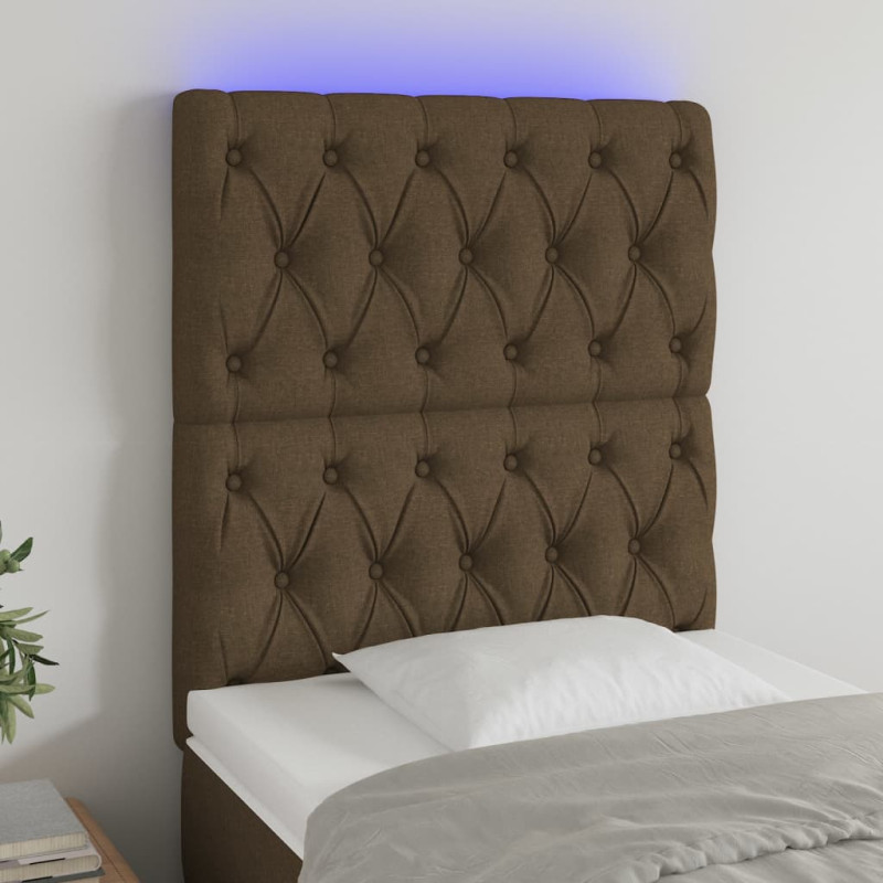 Zagłówek do łóżka z LED ciemnobrązowy 80x7x118/128 cm tkanina