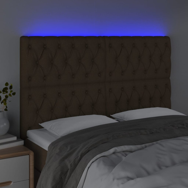 Zagłówek do łóżka z LED ciemnobrązowy 144x7x118/128 cm tkanina