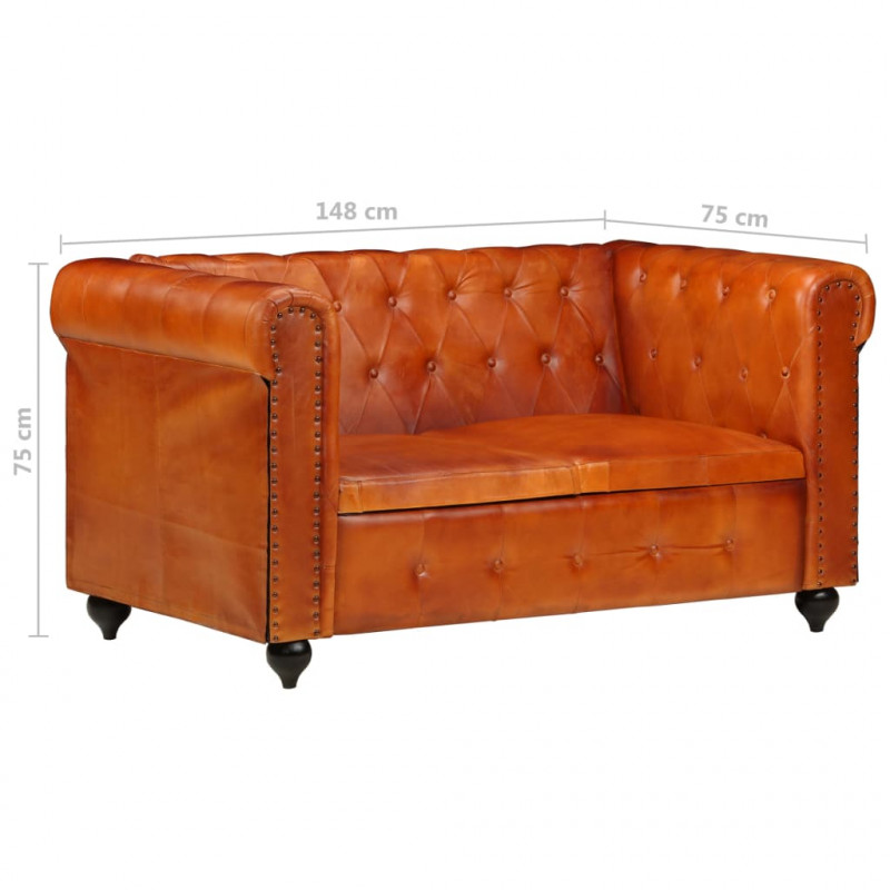 2-osobowa sofa Chesterfield, jasnobrązowa, skóra naturalna