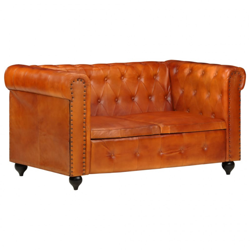 2-osobowa sofa Chesterfield, jasnobrązowa, skóra naturalna